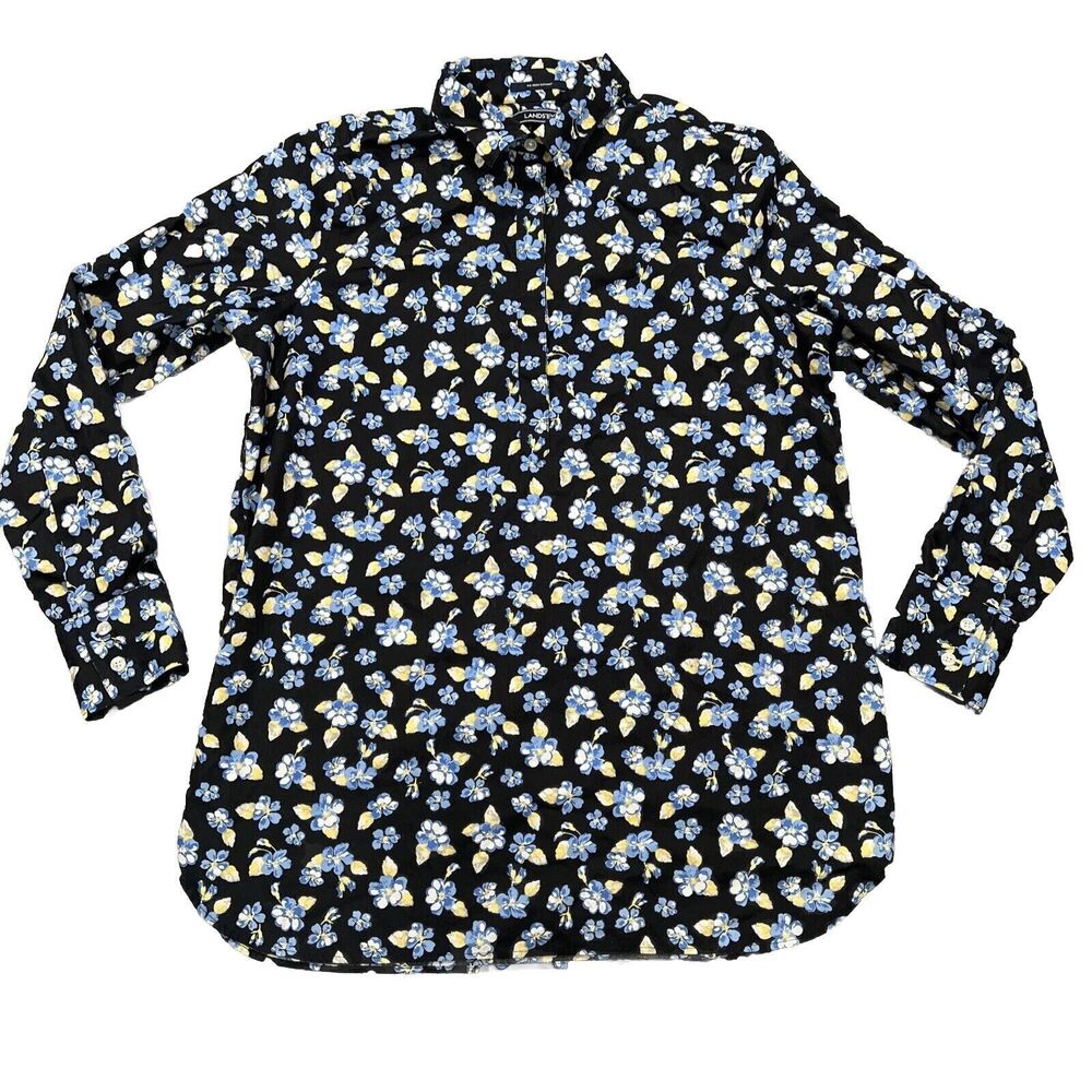Lands End Women’s Floral Popover Blouse Top Sz 12 Black Collared No Iron Supima
